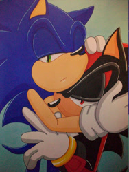 Size: 600x800 | Tagged: safe, artist:azumiangel, shadow the hedgehog, sonic the hedgehog, 2009, duo, frown, gay, gradient background, holding each other, lidded eyes, looking at viewer, shadow x sonic, shipping