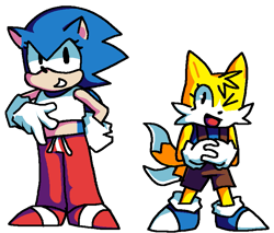 Size: 759x646 | Tagged: safe, artist:espurrman55, miles "tails" prower, sonic the hedgehog, 2026, blue shoes, clothes, crop top, duo, eyelashes, gender swap, hands together, looking at viewer, overalls, pants, simple background, smile, transparent background, wink