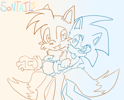 Size: 1360x1097 | Tagged: safe, artist:crazygreenfluff, miles "tails" prower, sonic the hedgehog, duo, english text, gay, grey background, hugging, hugging from behind, line art, monochrome, one fang, ship name, shipping, simple background, smile, sonic x tails, standing, text, tongue out