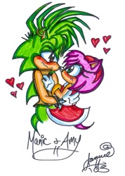 Size: 391x549 | Tagged: safe, artist:jayfoxfire, amy rose, 2003, amy x manic, blushing, duo, frown, heart, holding something, looking at each other, manic the hedgehog, shipping, signature, simple background, straight, white background