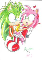 Size: 800x1122 | Tagged: safe, artist:sonicmiku, amy rose, 2014, amy x manic, blushing, carrying them, character name, duo, english text, heart, holding each other, manic the hedgehog, mouth open, panties, pencilwork, shipping, simple background, smile, standing, straight, text, traditional media, upskirt, white background