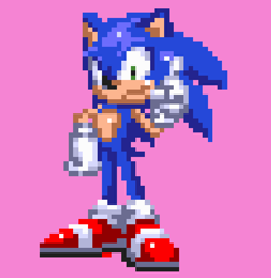 Size: 565x580 | Tagged: safe, artist:isaachouse2, sonic the hedgehog, 2026, hand on hip, looking at viewer, pink background, pixel art, pointing, simple background, smile, solo, sprite, standing, wagging finger