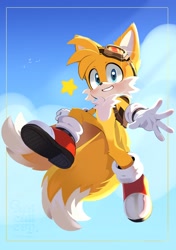 Size: 1444x2048 | Tagged: safe, artist:anichiievy, miles "tails" prower, bird, 2026, abstract background, backpack, blushing, clouds, daytime, eyewear on head, from below, goggles, goggles on head, literal animal, mid-air, outdoors, shine, sky background, smile, solo, star (symbol), treads