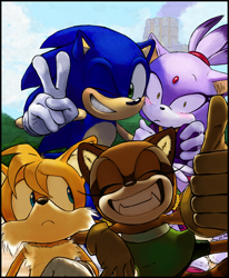 Size: 756x916 | Tagged: safe, artist:knockabiller, blaze the cat, marine the raccoon, miles "tails" prower, sonic the hedgehog, sonic rush adventure, 2013, abstract background, arm around shoulders, blushing, daytime, eyes closed, frown, group, leaning on them, looking at them, looking at viewer, outdoors, selfie, shrunken pupils, smile, smoke, standing, thumbs up, v sign, volcano, wink