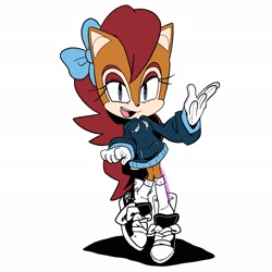 Size: 2048x2048 | Tagged: safe, artist:butterrrmoth, sally acorn, chipmunk, 2025, alternate outfit, bowtie, clothes, female, hoodie, looking at viewer, mouth open, open smile, simple background, smile, smiling at viewer, solo, white background