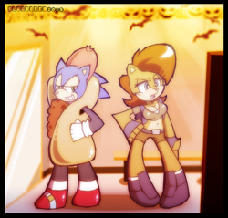 Size: 932x892 | Tagged: safe, artist:bluebreed, sally acorn, sonic the hedgehog, chipmunk, hedgehog, 2015, alternate version, chili dog, costume, duo, female, halloween, jack o'lantern, lara croft, male, mirror, sally x sonic, shipping, straight, tomb raider