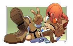 Size: 2048x1301 | Tagged: safe, artist:adam bryce thomas, sally acorn, chipmunk, 2026, alternate outfit, boots, clothes, cosplay, female, glasses, gun, jacket, lara croft, looking at viewer, lying down, pistol, pose, simple background, smile, solo, tomb raider, treads, v sign, weapon, wink