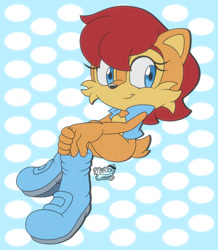 Size: 1250x1436 | Tagged: safe, artist:msicecream, sally acorn, chipmunk, 2026, female, looking at viewer, polka-dots background, sally's vest and boots, simple background, sitting, smile, solo