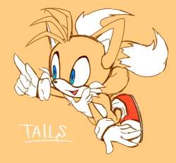Size: 637x590 | Tagged: safe, artist:pokunchan, miles "tails" prower, character name, english text, flat colors, pointing, simple background, smile, solo, text, yellow background