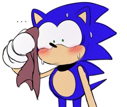 Size: 895x759 | Tagged: safe, artist:ss2sonic, sonic the hedgehog, ..., :|, blushing, flat colors, handkerchief, looking offscreen, male, reaction image, shrunken pupils, simple background, solo, standing, sweat, sweatdrop, white background, wiping face