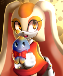 Size: 673x810 | Tagged: safe, artist:chinion-tam, cheese (chao), cream the rabbit, chao, rabbit, 2017, abstract background, agender, carrying them, duo, female, holding them, lineless, looking offscreen, neutral chao, signature, smile, standing