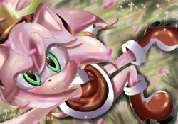 Size: 1024x718 | Tagged: safe, artist:sonamy94fan, amy rose, hedgehog, 2013, amybetes, blushing, cute, female, from above, grass, lineless, looking at viewer, looking up, looking up at viewer, outdoors, petals, sitting, smile, smiling at viewer, solo, sparkles