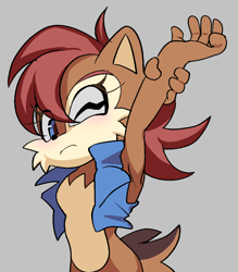 Size: 876x1000 | Tagged: safe, artist:cosmicangelart, sally acorn, chipmunk, 2026, eye clipping through hair, female, frown, gilet, grey background, looking at viewer, one eye closed, sally's vest and boots, simple background, solo, stretching