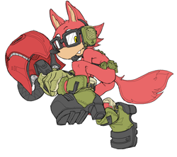 Size: 1513x1345 | Tagged: safe, artist:nsfwuwu4, gadget the wolf, sonic forces, butt, flat colors, frown, holding something, looking at viewer, male, one fang, simple background, solo, treads, white background, wispon