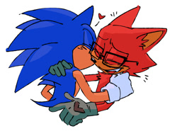 Size: 1000x740 | Tagged: safe, artist:starrynightmix, gadget the wolf, sonic the hedgehog, 2020, cute, duo, eyes closed, gadgebetes, gay, heart, holding each other, kiss, kiss on cheek, male, shipping, simple background, smile, sonadget, white background