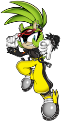 Size: 4222x8000 | Tagged: safe, artist:shadowlifeman, scourge the hedgehog, surge the tenrec, alternate version, glasses, grin, idw, leather jacket, looking at viewer, outfit swap, simple background, smile, smiling at viewer, solo, style emulation, thumbs down, uekawa style