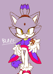 Size: 542x751 | Tagged: safe, artist:pokunchan, blaze the cat, character name, fire, flame, flat colors, front view, hand on hip, looking at viewer, mouth open, open smile, reaching towards the viewer, simple background, smile, smiling at viewer, solo