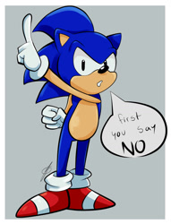 Size: 1280x1674 | Tagged: safe, artist:nunninaa, sonic the hedgehog, hedgehog, adventures of sonic the hedgehog, 2020, border, clenched fist, dialogue, english text, grey background, looking at viewer, male, pointing, redraw, signature, simple background, solo, sonic says, speech bubble, standing, talking, text, that's no good