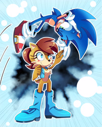Size: 3024x3754 | Tagged: safe, artist:chaosyrups, sally acorn, sonic the hedgehog, chipmunk, hedgehog, 2018, abstract background, blushing, duo, female, heart, looking at each other, male, sally x sonic, sally's vest and boots, shipping, smile, straight