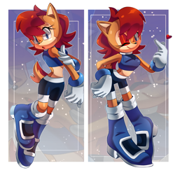 Size: 3072x3072 | Tagged: safe, artist:isabellaexpertartist, sally acorn, chipmunk, 2025, abstract background, female, heart, looking at viewer, pose, sally's ringblader outfit, smile, solo, sparkles, wink