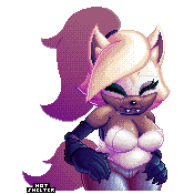 Size: 175x175 | Tagged: safe, artist:hotshelter, whisper the wolf, 2022, cleavage, eyes closed, fangs, female, hands on hips, pixel art, signature, simple background, smile, solo, standing, transparent background