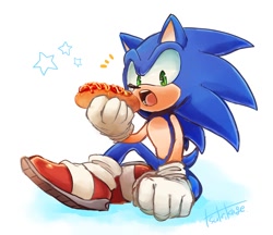 Size: 1104x954 | Tagged: safe, artist:tk s623, sonic the hedgehog, hedgehog, 2017, chili dog, food, gradient background, hand on ground, holding something, hot dog, looking at viewer, male, mouth open, open mouth, signature, sitting, solo, star (symbol), surprised, treads