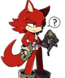 Size: 500x600 | Tagged: safe, artist:weon1119, gadget the wolf, wolf, 2017, frown, gadget is not amused, glasses, hand on hip, holding something, lidded eyes, looking offscreen, male, outline, question mark, simple background, solo, speech bubble, sweatdrop, unamused, white background