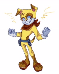 Size: 1795x2257 | Tagged: safe, artist:anonoarts, muttski, dog, 2024, bandana, belt, clenched fists, gloves, looking at viewer, male, paws, sandals, simple background, smile, solo, white background