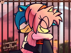 Size: 1200x900 | Tagged: safe, artist:epiaaru, amy rose, sonic the hedgehog, 2025, amy x sonic, commission, cosplay, crossover, duo, hugging, persona (series), school uniform, shipping, straight