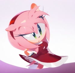 Size: 744x720 | Tagged: safe, artist:flyver802, amy rose, 2026, confused, ear flop, female, hand behind back, head tilt, looking offscreen, mouth open, simple background, solo, standing, white background