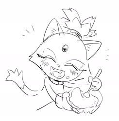 Size: 1840x1876 | Tagged: safe, artist:miijiu, blaze the cat, 2026, blazebetes, bowl, crumbs, cute, eyes closed, fangs, female, food, holding something, line art, mixing, monochrome, mouth open, simple background, sketch, smile, solo, spoon, white background