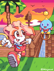 Size: 720x960 | Tagged: safe, artist:niinjamal, cheese (chao), cream the rabbit, bird, chao, rabbit, 2021, agender, bridge, clouds, duo, female, flying, grass, holding something, literal animal, looking at each other, mid-air, mouth open, neutral chao, orange brown checkerboard, outdoors, palm tree, pixel art, ring, running, smile, sonic advance 3, sunset, treads, tree, water, waterfall