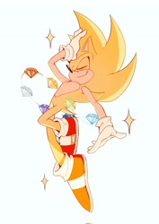 Size: 1448x2048 | Tagged: safe, artist:klpk_ji, sonic the hedgehog, super sonic, 2026, chaos emerald, eyes closed, flying, hand on head, male, mid-air, simple background, smile, solo, sparkles, super form, white background