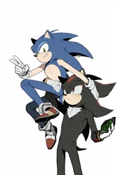 Size: 1123x1617 | Tagged: safe, artist:luludeluck, shadow the hedgehog, sonic the hedgehog, 2026, chaos emerald, duo, gay, holding each other, holding something, shadow x sonic, shipping, simple background, smile, v sign, white background