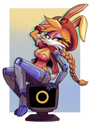 Size: 1502x2048 | Tagged: safe, artist:robotnicsteve, bunnie rabbot, rabbit, 2026, cleavage, female, hat, lidded eyes, looking at viewer, monitor, ring monitor, sitting, smile, solo