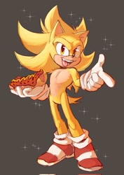 Size: 1449x2048 | Tagged: safe, artist:lebluenooki, artist:marty_jade23, sonic the hedgehog, super sonic, hedgehog, 2026, chili dog, food, grey background, holding something, hot dog, looking at viewer, male, mouth open, pointing, redraw, simple background, smile, solo, sparkles, standing, super form