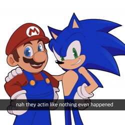 Size: 1840x1840 | Tagged: safe, artist:tenderandmilder, sonic the hedgehog, human, 2025, arm around shoulders, crossover, duo, english text, hand on hip, looking at viewer, mario, meme, mouth open, simple background, smile, text, white background