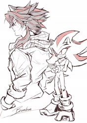 Size: 1448x2048 | Tagged: safe, artist:bun27_4, shadow the hedgehog, human, 2026, duality, frown, humanized, looking at viewer, looking offscreen, monochrome, partially humanized, simple background, solo, spot color, white background