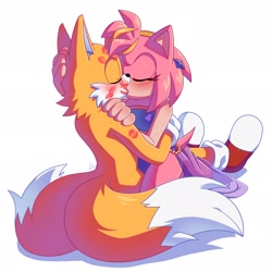 Size: 2048x2048 | Tagged: safe, artist:la_gata_golosa_, amy rose, miles "tails" prower, 2025, alternate outfit, amy x tails, duo, eyes closed, holding each other, kiss, kiss marks, kneeling, shipping, simple background, sitting, straight, white background