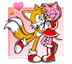 Size: 2048x1831 | Tagged: safe, artist:casiovision, amy rose, miles "tails" prower, 2026, amy x tails, duo, eyes closed, heart, holding hands, looking at them, mouth open, shipping, smile, standing, standing on one leg, straight, style emulation, uekawa style