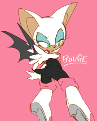 Size: 601x751 | Tagged: safe, artist:pokunchan, rouge the bat, bat, character name, english text, female, flat colors, looking back, looking offscreen, pink background, simple background, solo, treads