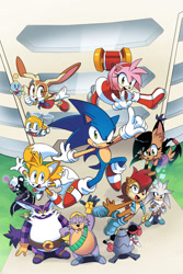 Size: 1024x1536 | Tagged: dead source, safe, artist:drawloverlala, amy rose, antoine d'coolette, big the cat, bunnie rabbot, cheese (chao), cream the rabbit, froggy, geoffrey st. john, miles "tails" prower, nicole the hololynx, rotor walrus, sally acorn, silver the hedgehog, sonic the hedgehog, t-pup, cat, chao, chipmunk, coyote, fox, frog, hedgehog, lynx, rabbit, skunk, walrus, archie sonic online, 2020, building, daytime, female, freedom fighters, group, hololynx, lifting them, looking at viewer, male, mid-air, piko piko hammer, robot, sally's vest and boots, weapon