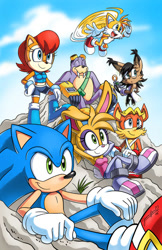 Size: 719x1112 | Tagged: safe, artist:chibi-jen-hen, antoine d'coolette, bunnie rabbot, miles "tails" prower, nicole the hololynx, rotor walrus, sally acorn, sonic the hedgehog, chipmunk, coyote, fox, hedgehog, lynx, rabbit, walrus, 2015, daytime, female, freedom fighters, group, hololynx, looking offscreen, male, mid-air, rock, sally's ringblader outfit, sitting, standing