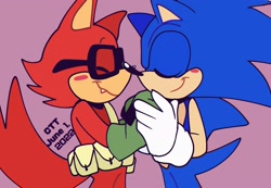 Size: 2048x1419 | Tagged: safe, artist:cerberustheterrible, gadget the wolf, sonic the hedgehog, 2022, blushing, cute, duo, eyes closed, flat colors, gadgebetes, gay, holding hands, shipping, side view, signature, smile, sonabetes, sonadget, standing