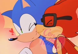 Size: 2048x1432 | Tagged: safe, artist:cerberustheterrible, gadget the wolf, sonic the hedgehog, 2025, cute, duo, eyes closed, gadgebetes, gay, heart, kiss, kiss on cheek, looking at them, obtrusive watermark, one eye closed, shipping, smile, sonabetes, sonadget, watermark