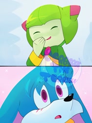 Size: 1536x2048 | Tagged: safe, artist:cerberustheterrible, cosmo the seedrian, kit the fennec, 2024, blushing, cosmo x kit, cosmobetes, crack shipping, cute, duo, eyes closed, frown, gradient background, kitabetes, laughing, mouth open, obtrusive watermark, shipping, smile, straight, watermark