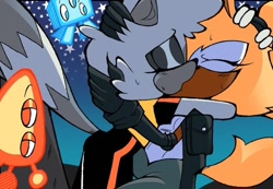 Size: 667x461 | Tagged: safe, artist:derekunleashed, tangle the lemur, whisper the wolf, wisp, 2026, blue wisp, duo focus, eyes closed, group, hugging, kiss, lesbian, nighttime, orange wisp, outdoors, shipping, star (sky), tangle x whisper