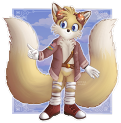 Size: 1066x1084 | Tagged: safe, artist:nessa-harp, miles "tails" prower, 2026, american flag, aviator jacket, bandage, belt, chest fluff, country flag, flag, goggles, jacket, looking at viewer, outline, redesign, redraw, semi-transparent background, shoelaces, smile, solo, sonic boom (tv), standing