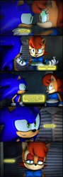 Size: 942x2650 | Tagged: safe, artist:pixelrush, sally acorn, sonic the hedgehog, chipmunk, hedgehog, 2023, 3d, blender, comic, dialogue, duo, english text, fat sally acorn, female, hand on another's shoulder, male, positivity, sally x sonic, sally's ringblader outfit, shipping, speech bubble, straight