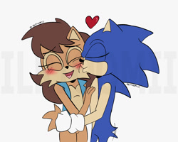 Size: 1280x1024 | Tagged: safe, artist:ilrioomii, sally acorn, sonic the hedgehog, chipmunk, hedgehog, 2026, blushing, duo, female, heart, kiss, kiss on cheek, male, sally x sonic, sally's vest and boots, shipping, straight, watermark